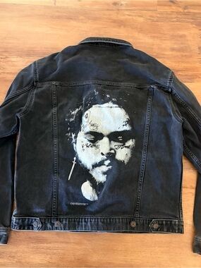 H&M Black Denim Jacket with Monochrome Portrait Graphic